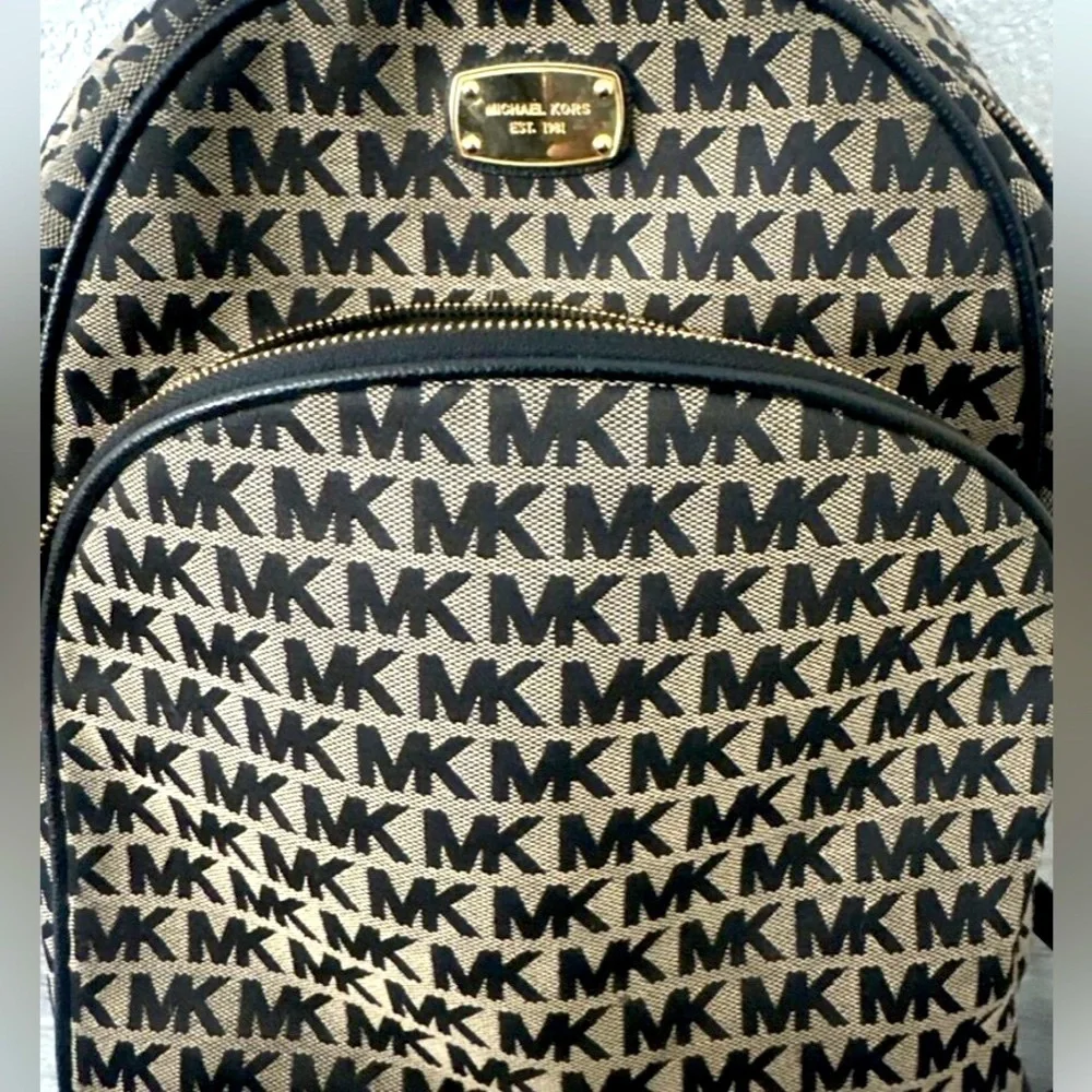 Michael Kors Black Jaquard Signature Canvas with Leather Straps Abbey Backpack